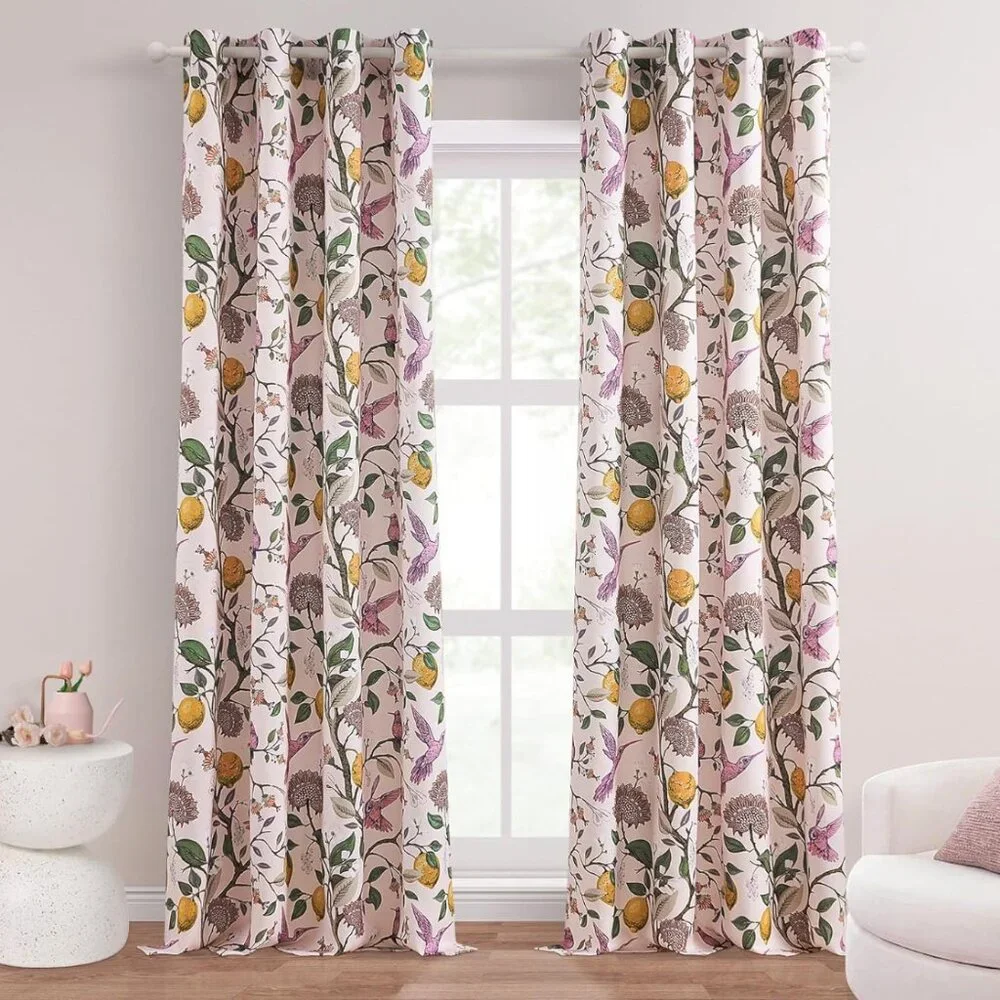 Floral Lemon Hummingbird Curtains Patterned Waverly Mid-Century Style - Picture 2 of 7